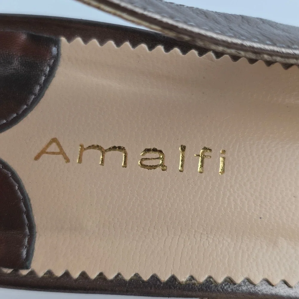 Amalfi Women's Metallic Leather Bow Peep Toe Slingback Kitten Heels Bronze 10 - Picture 9 of 16